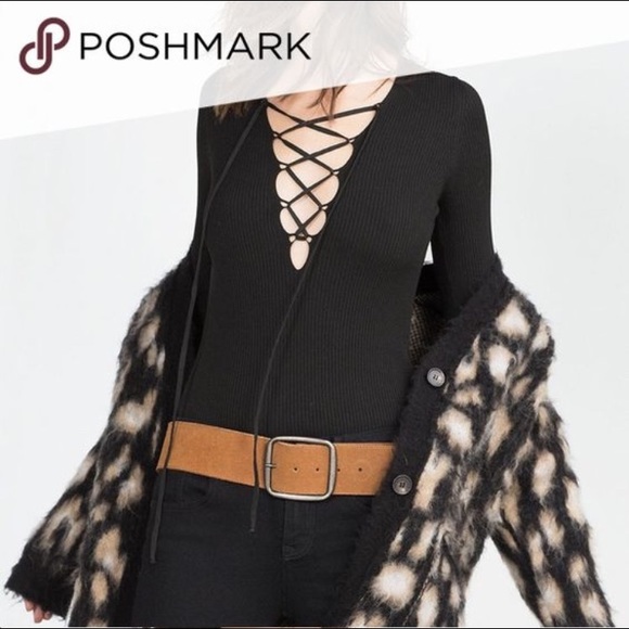 Zara Knit Lace Up Ribbed Long Sleeve Top - Picture 2 of 4